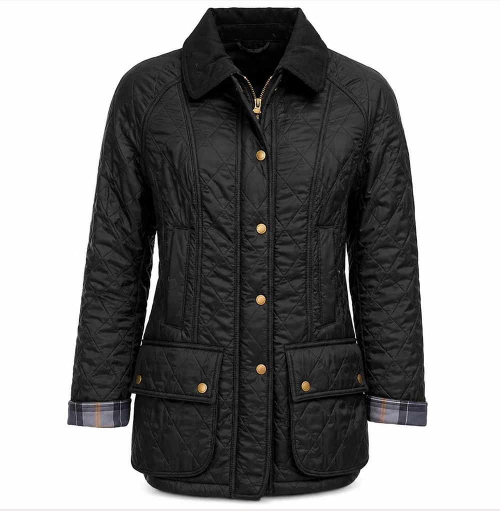 Barbour Beadnell Polarquilt Jacket Black Corduroy Collar Tartan Lining US 4 UK 8
